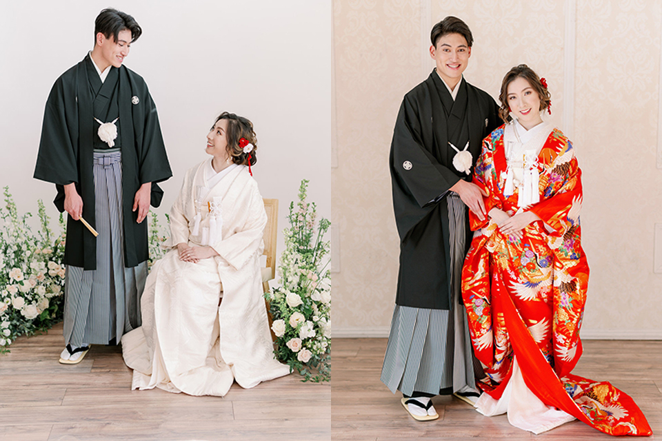  bride and groom in Japanese bridal wedding attire