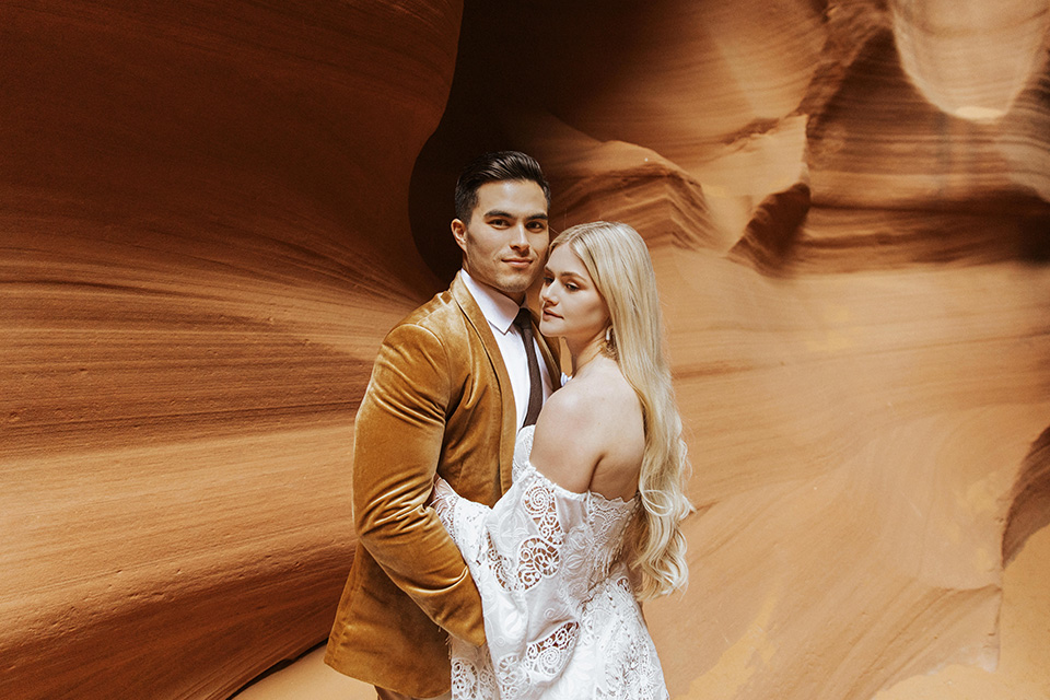  bohemian elopement in antelope canyon – couple in canyon 