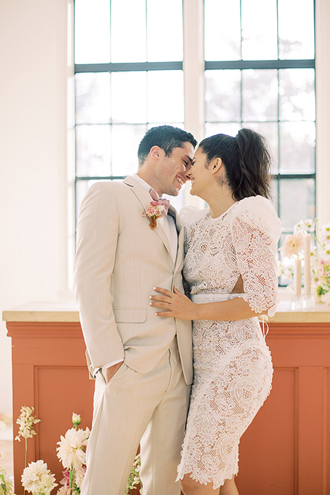  building 177 romantic coral wedding – couple at bar in short dress 