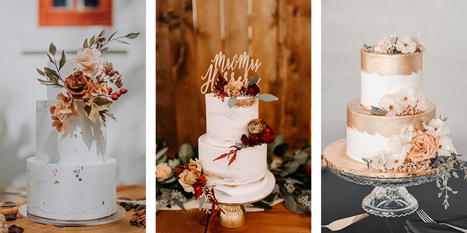  cakes with minimalistic details in copper, orange, and gold  