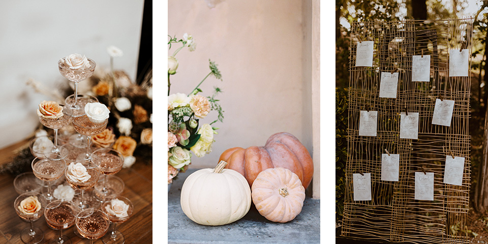  cozy fall wedding details like champagne in amber glasses, pumpkin décor, and metallic seating cards  