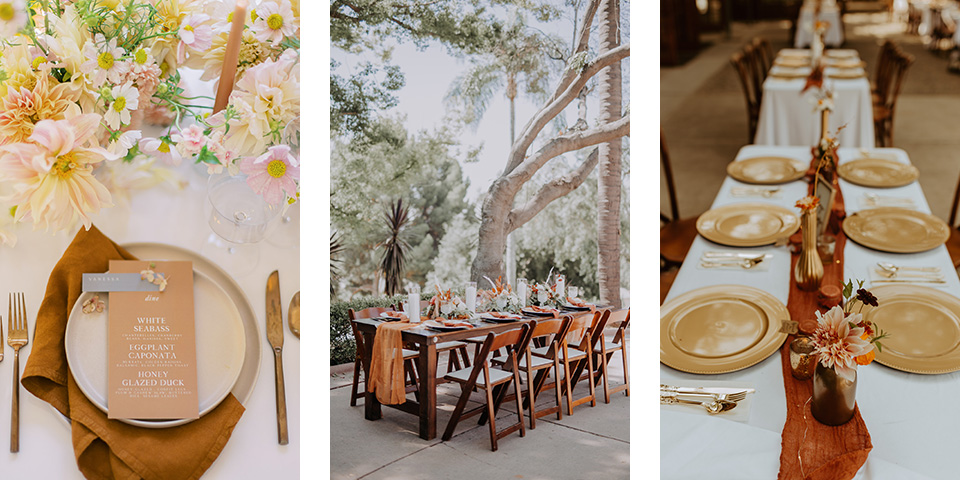  different weddings with amber and caramel lines, flatware, candles, and florals to create a great fall moment  