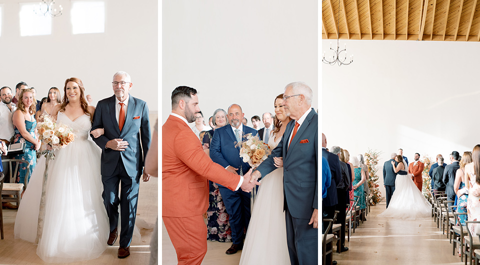  father of the bride in a navy suit with orange tie and the groom in an orange suit 