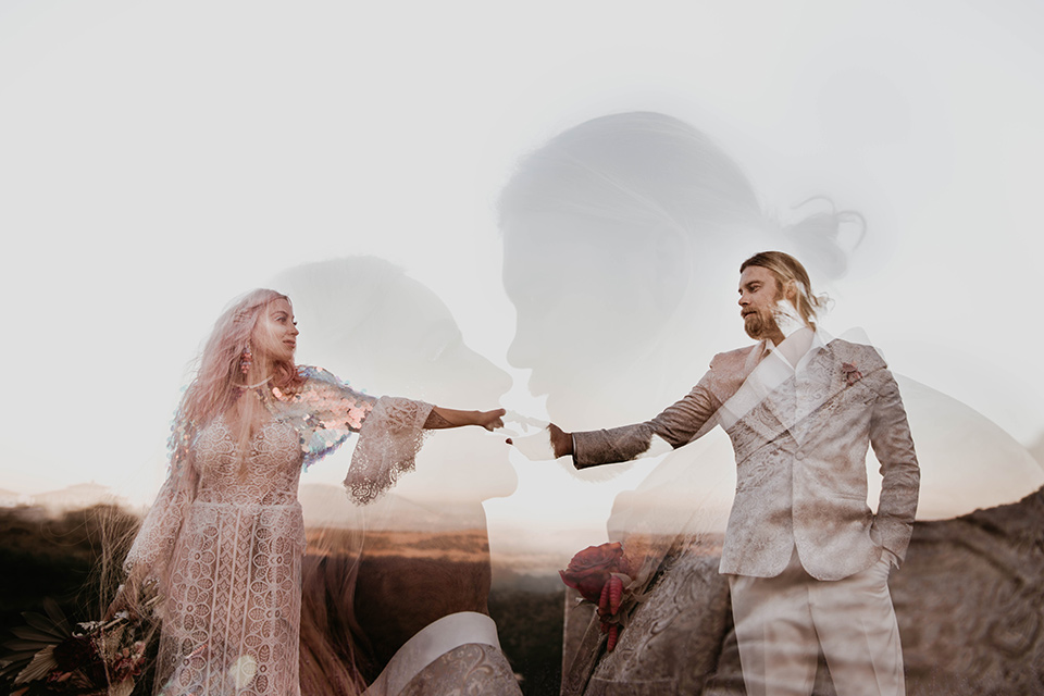  the bride in a fun sequin gown with a faux fur coat and the groom in an ivory paisley tuxedo 