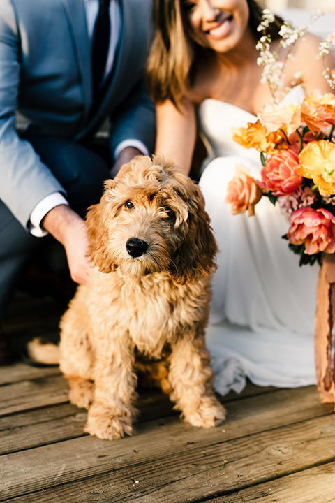  bride in a white strapless gown and the groom in a light blue coat and dark blue pants 