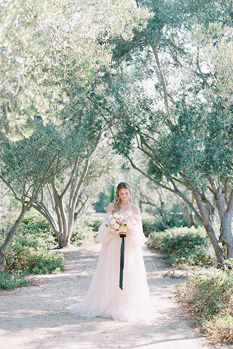  bride in a blush gown with off the shoulder sleeves 