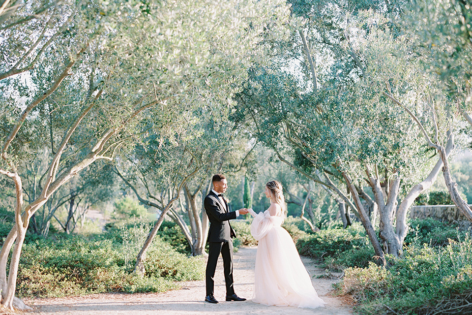  bride in a blush gown with off the shoulder sleeves and the groom in a black notch lapel tuxedo and black bow tie 