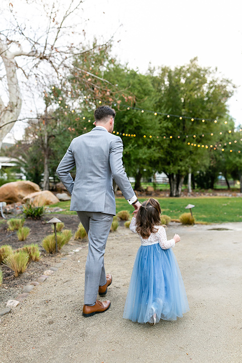  blue and red rustic garden wedding – groom + daughter