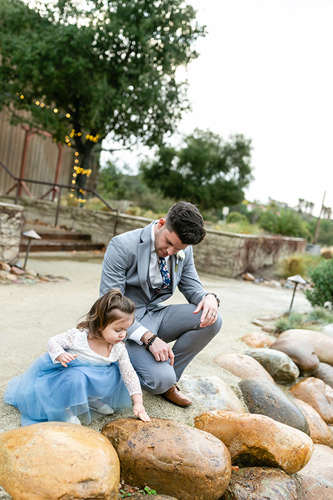  blue and red rustic garden wedding – groom + daughter