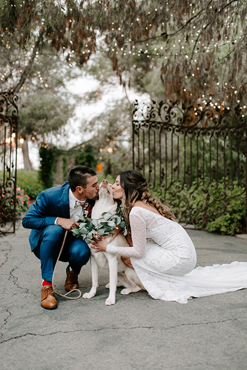  bohemian orange wedding – couple with dog 