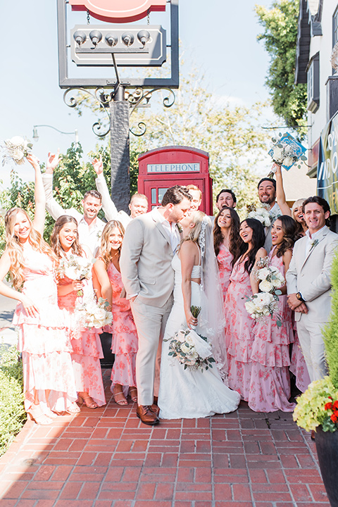  tan and pink garden wedding with floral bridesmaid dresses and the groom and groomsmen in tan suits – bridalparty 