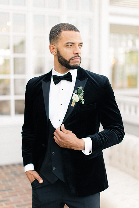  caramel mountain wedding with  black tie flare and the groom in a black velvet tuxedo – walking down the aisle 