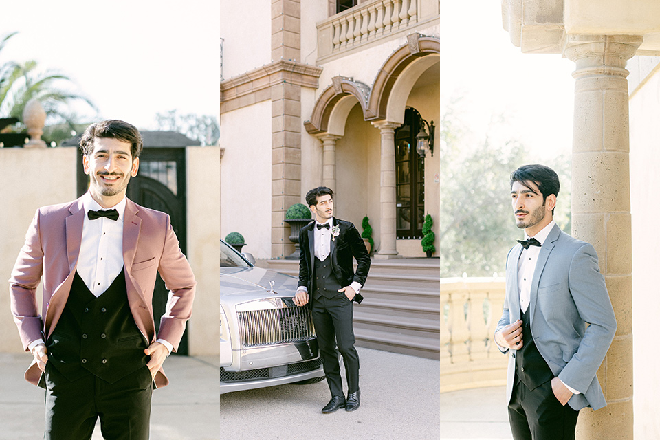  how to change out your groom style look from ceremony to reception with a chic coat swap.  This groom shows off his fun style change by wearing a black velvet coat, a light blue coat, and a rose coat all paired with the same pants and accessories