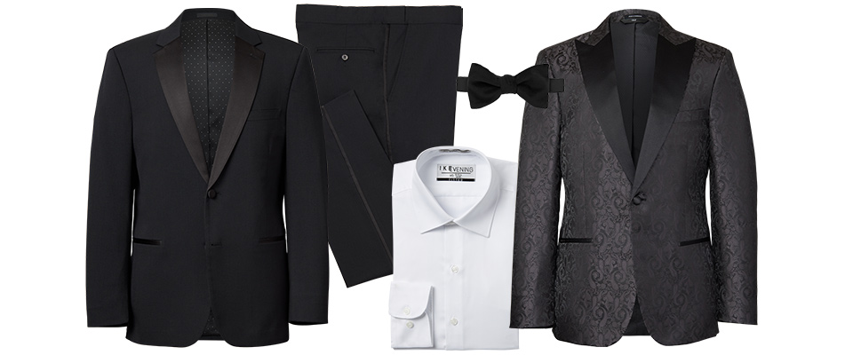  how to change out your groom style look from ceremony to reception with a chic coat swap.  Photo of a black tuxedo coat, black pants, white shirt, black bow tie, and then change into a black paisley peak lapel tuxedo