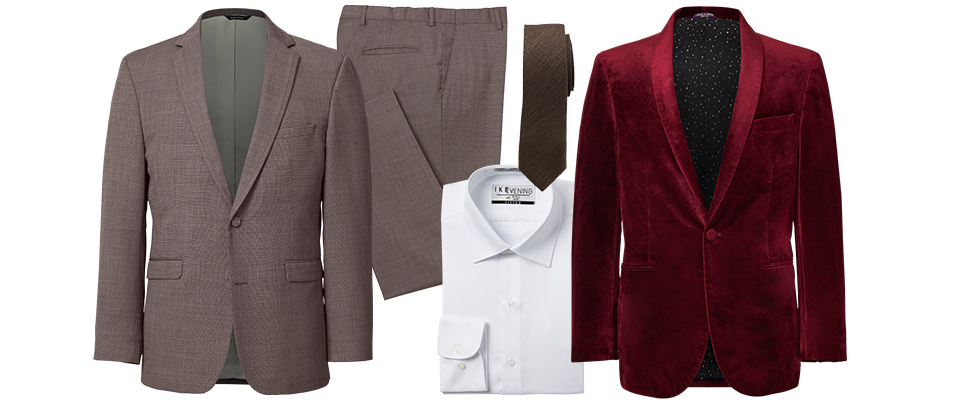  how to change out your groom style look from ceremony to reception with a chic coat swap.  Photo of a café brown coat, café brown pants, white shirt, chocolate long tie, and a burgundy velvet tuxedo coat to change into