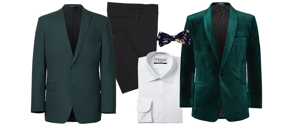  how to change out your groom style look from ceremony to reception with a chic coat swap.  Photo of a green suit coat, black pants, white shirt, black floral bow tie, and a green velvet coat to change into