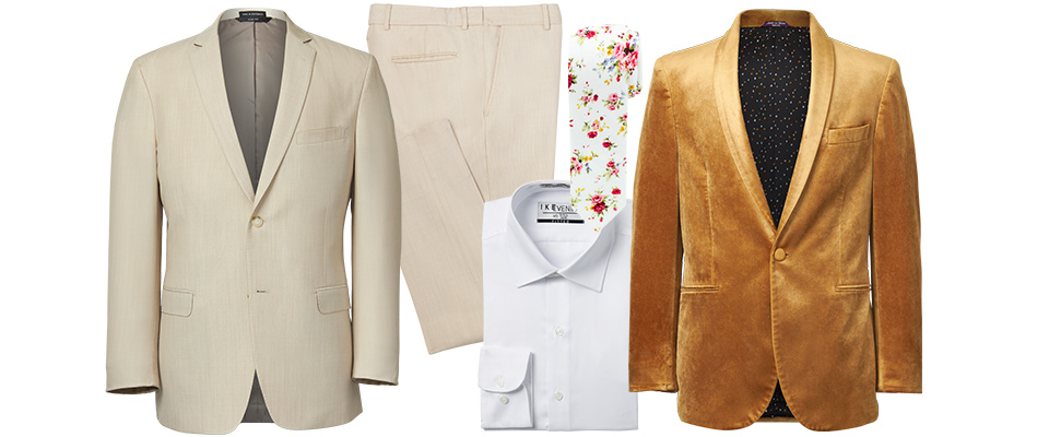  how to change out your groom style look from ceremony to reception with a chic coat swap.  Photo of a tan coat, tan pants, white shirt, floral long tie, and a gold velvet coat to change into