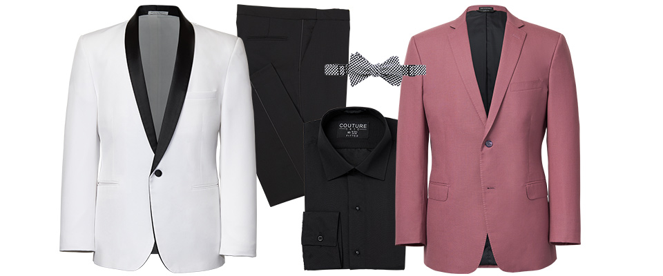  how to change out your groom style look from ceremony to reception with a chic coat swap.  Photo of a white with black lapel coat, black pants, black shirt, plaid bow tie, and a rose pink suit coat to change into