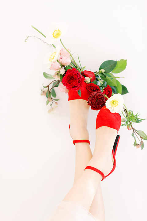  tropical and gold wedding with red accents – red bridal shoes 