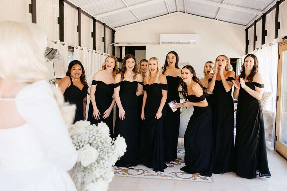  black and white wedding design with luxe details – bridesmaids first look 