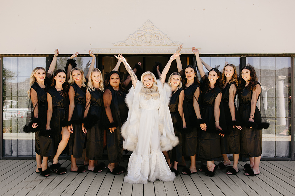  black and white wedding design with luxe details – bridesmaids getting ready 