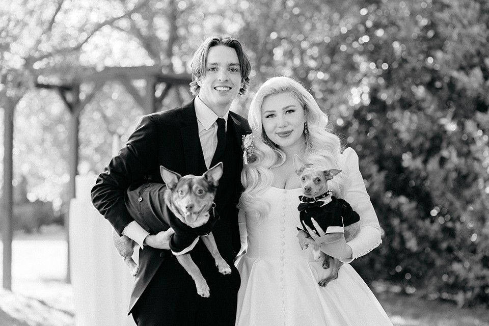  black and white wedding design with luxe details – couple with dogs