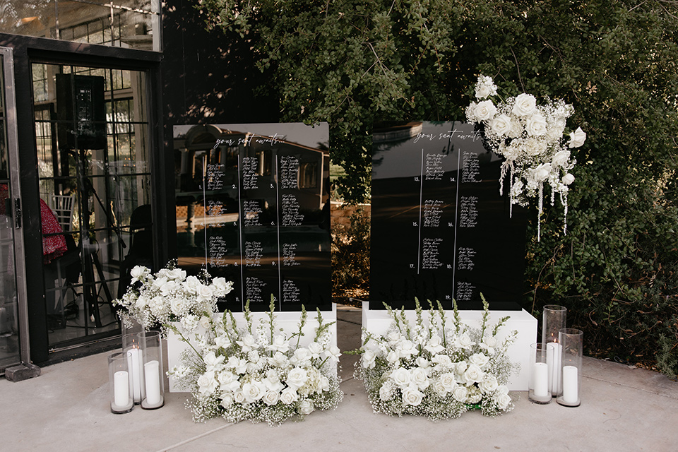  black and white wedding design with luxe details – seating sign