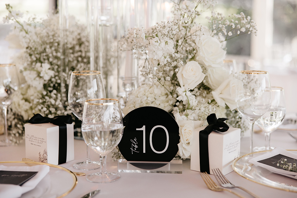  black and white wedding design with luxe details – photo table