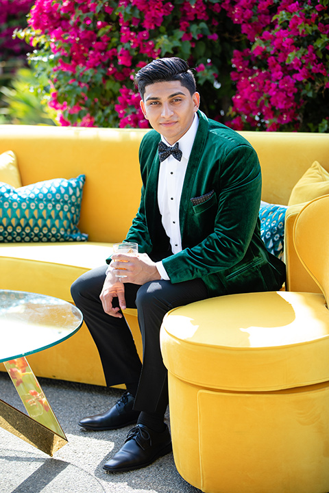  bright colorful wedding with the groom in a green velvet tuxedo - bride 