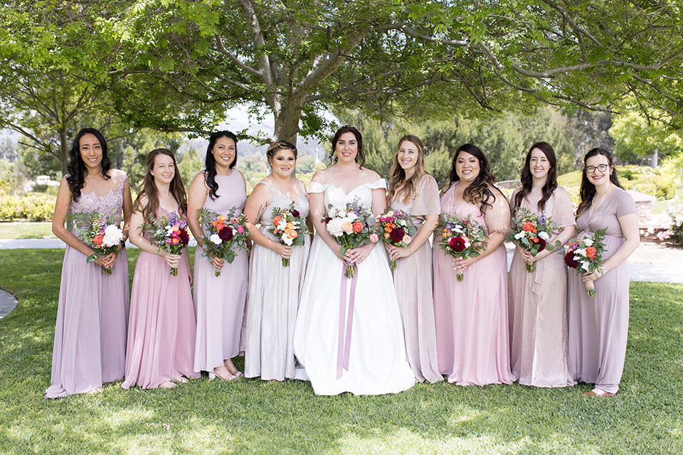 garden wedding with a green and pink color scheme - bridesmaids 
