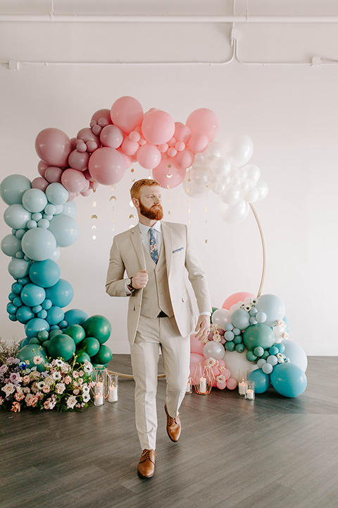  pastel and gold wedding with celestial décor – and the groom in a tan suit and a gold velvet tuxedo – ceremony tan 