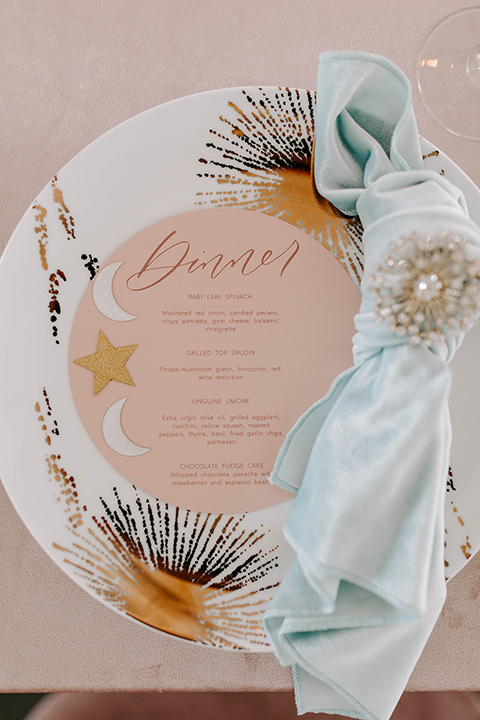  pastel and gold wedding with celestial décor – and the groom in a tan suit and a gold velvet tuxedo – ceremony tan 