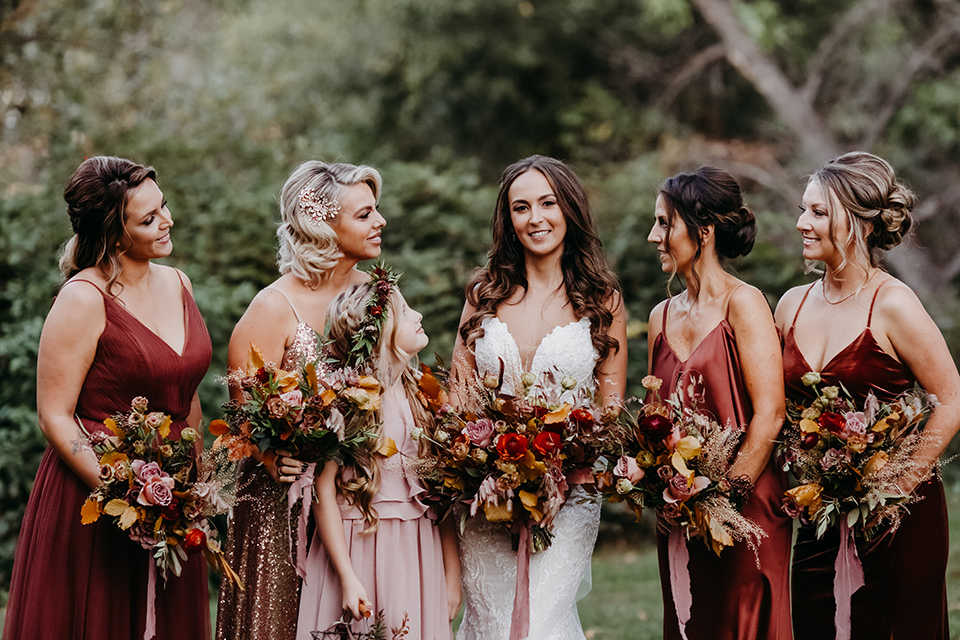  boho autumn wedding with the groom and groomsmen in a green suit –bridesmaids