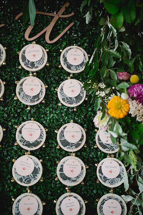  a downtown wedding at the cultural center with the groom and groomsmen in green suits and the bridesmaids in blush dresses and the bride in an a-line gown- seating chart close up 