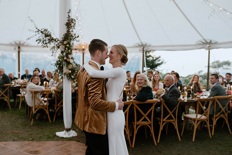  lizzie and tommys wedding on the beach with neutral colors and a gold velvet jacket – first dance