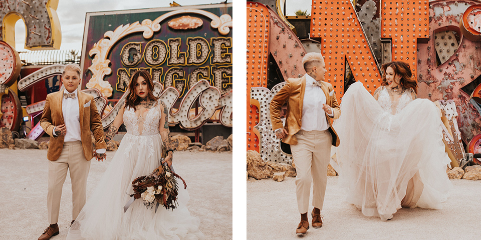  how to rent a suit or tuxedo in vegas lgbtq couple wearing formal wear and posing outside of the Golden Nugget casino 