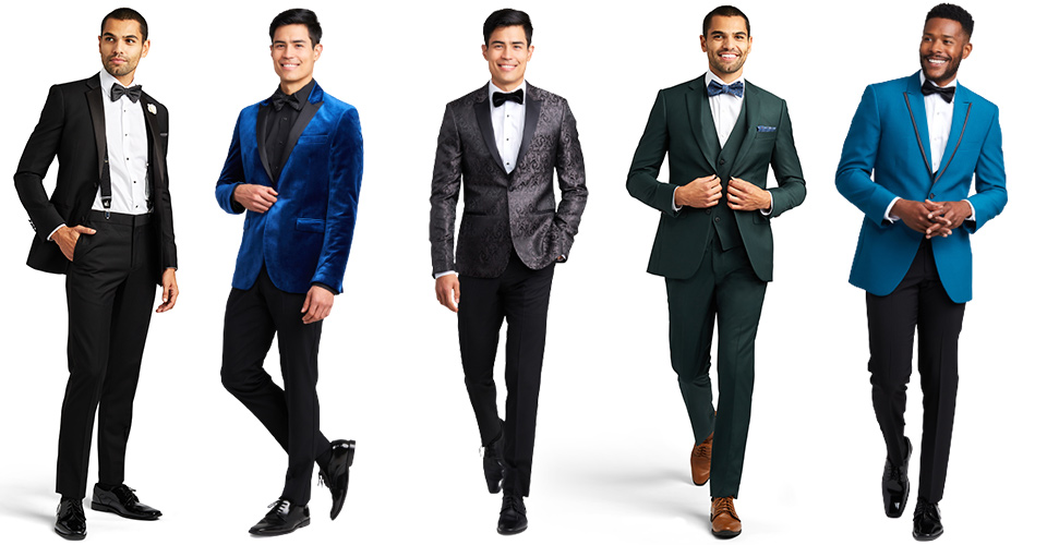  how to rent a suit or tuxedo in las vegas young men all wearing different styles and colors of tuxedos on a white background 
