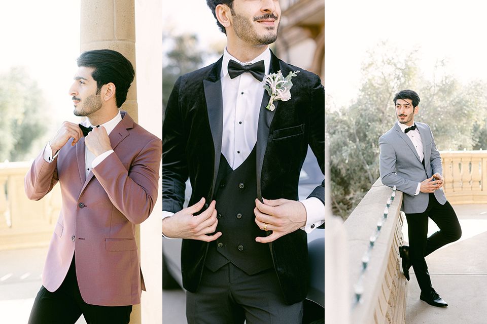  image showing a groom in three different looks: a rose pink suit, a black velvet tuxedo, and a light blue suit