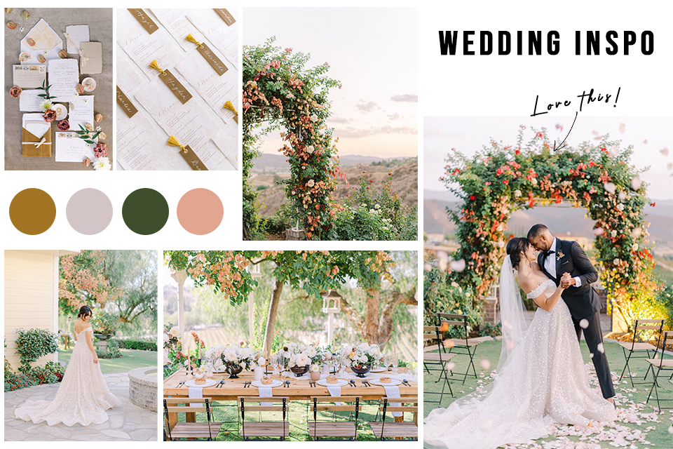  images of wedding inspiration on an inspo board: showing idyllic florals, table settings, and more
