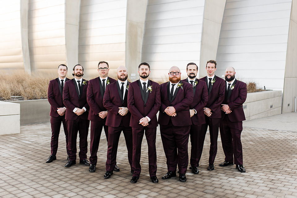  burgundy and green wedding with winter vibes - groomsmen 