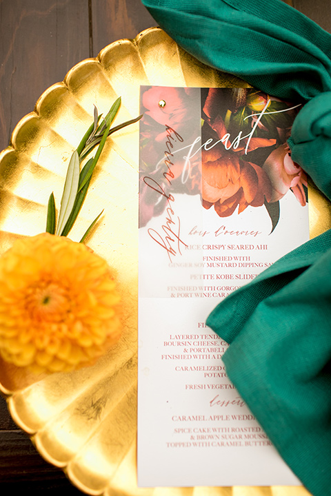  green and yellow casino san clemente wedding with the groom in a green suit – menu