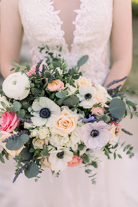  a romantic garden wedding with grey and pink décor and style, with the bride in a gorgeous white gown and the groom in a heather grey suit, the bridesmaids were in blush pink gowns and the groomsmen in heather grey suits – bridal bouquet