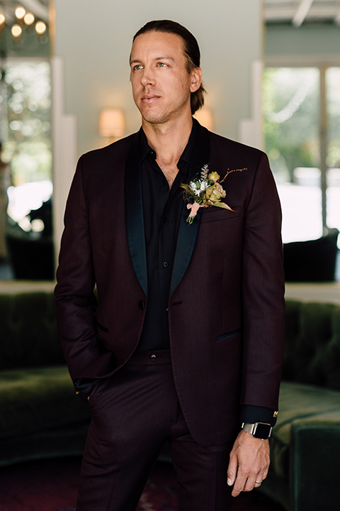  fig house shoot with burgundy and yellow details and the groom in a burgundy tuxedo – groom 