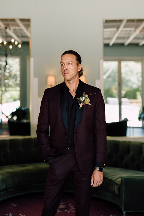  fig house shoot with burgundy and yellow details and the groom in a burgundy tuxedo – groom 