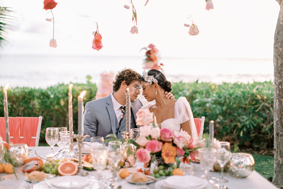  tropical tan and berry colored wedding in Hawaii – reception decor 