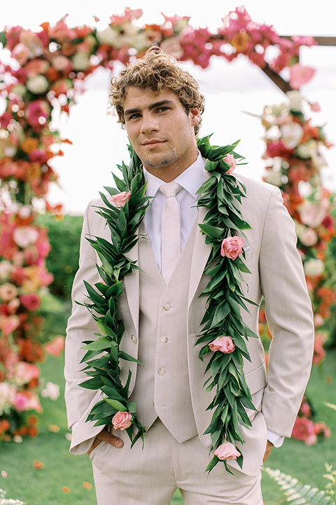  tropical tan and berry colored wedding in Hawaii – groom 