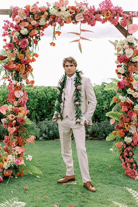  tropical tan and berry colored wedding in Hawaii – groom 