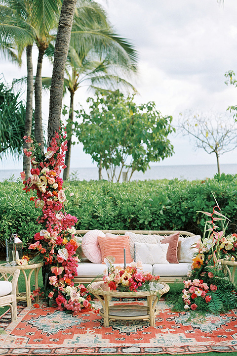  tropical tan and berry colored wedding in Hawaii – reception decor 