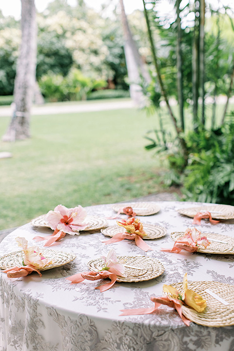  tropical tan and berry colored wedding in Hawaii – reception decor 