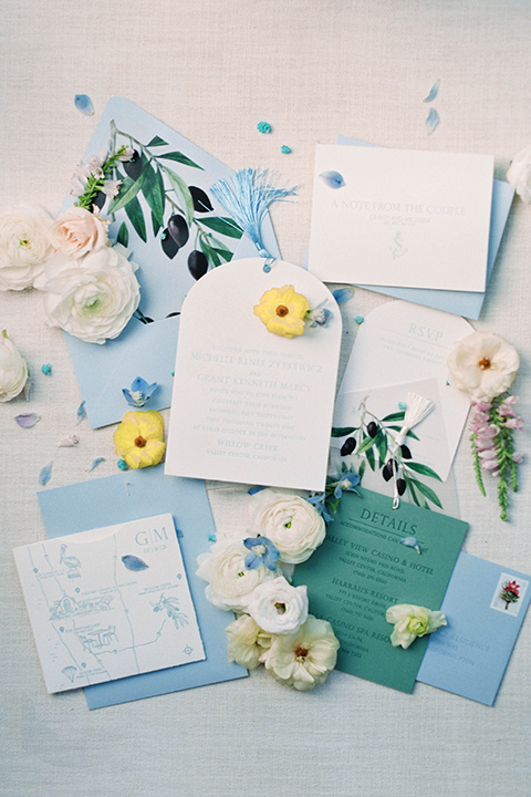  light blue and pink wedding with the groom in a light blue suit and the bride in a lace gown – invitations 